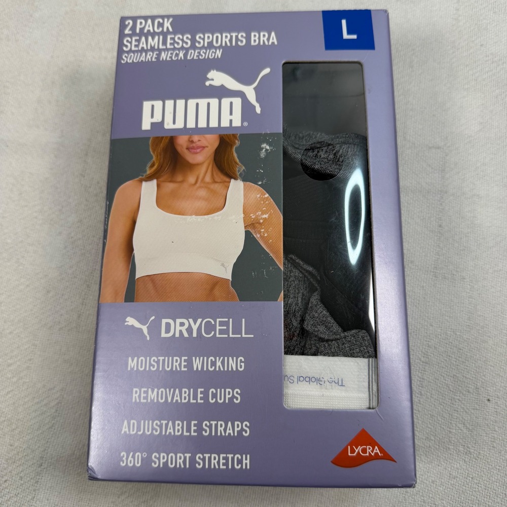 Puma Womens 2 Pack Seamless Square Neck Sports Bra DryCell Gray White Large
